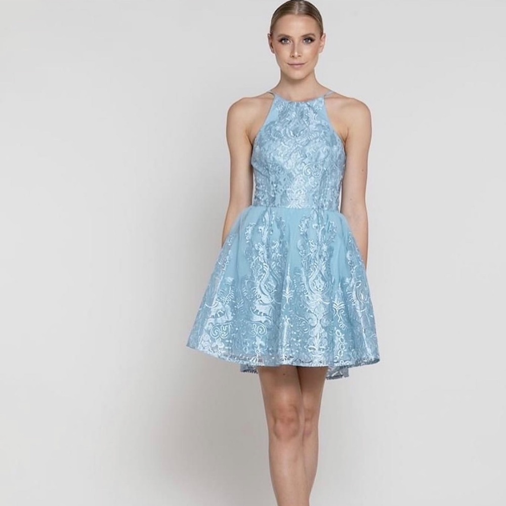 Bariano Light Blue Lace Cocktail Dress